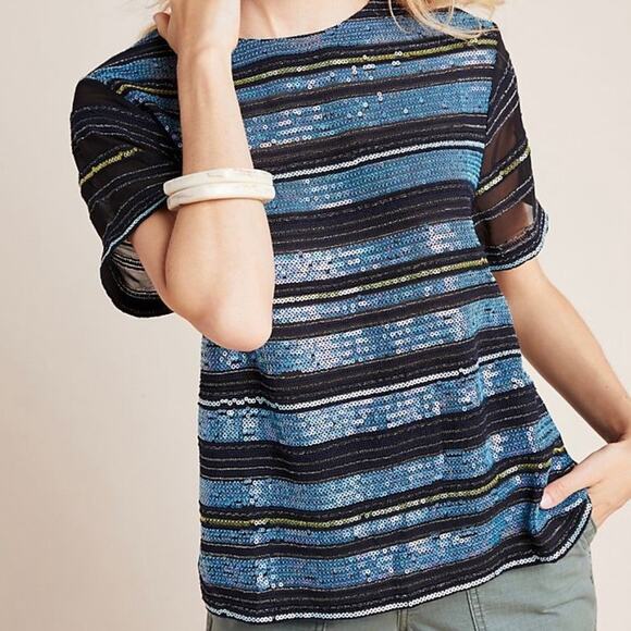 Anthropologie Tops - Anthropologie Maeve Cameron Blue & Black Sequin Striped Top